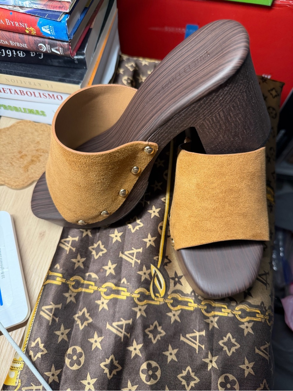 Women's Suede Slide Clog Heels in Camel